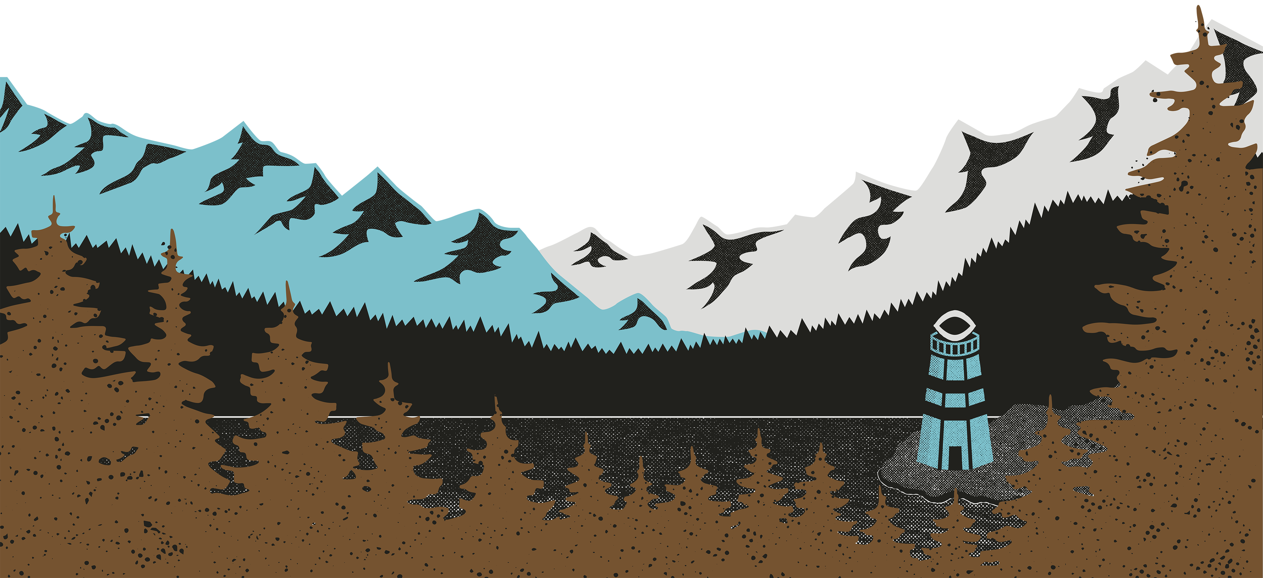 Illustration of mountains, trees, and lighthouse